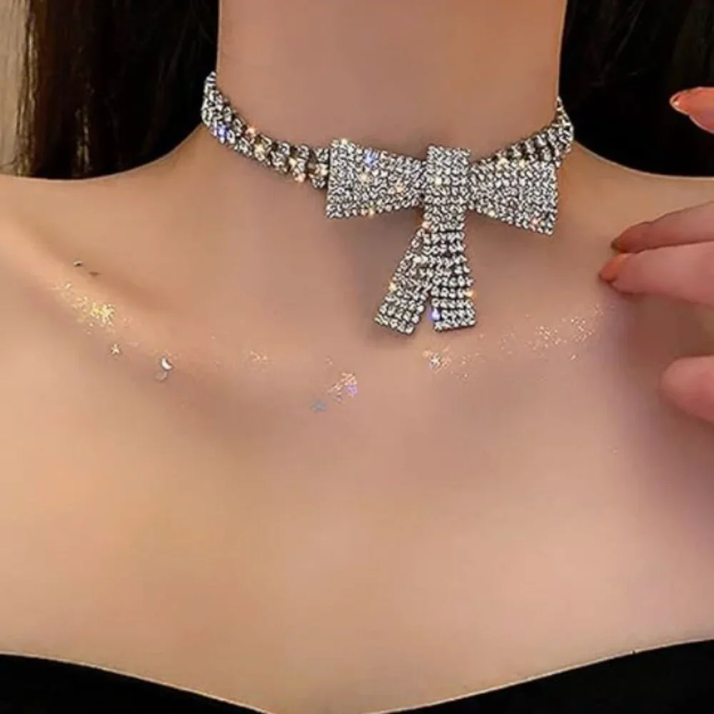 Anthro Gold Bow Rhinestone Necklace Choker